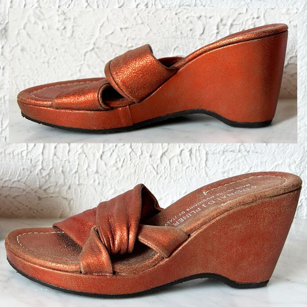 Donald J Pliner Wedge Sandal Women's 5.5 Metallic Orange Leather Slip On Vivi